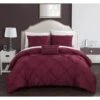 Queen Size Pinch Pleat Ruffled Yvonne Duvet Cover Set, Burgundy - 8 Piece