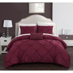 Queen Size Pinch Pleat Ruffled Yvonne Duvet Cover Set, Burgundy - 8 Piece