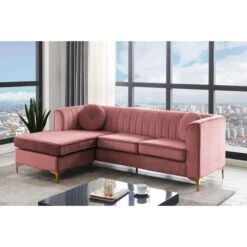 Chic Home FSA9506-US Britannia Modular Chaise Sectional Sofa With Velvet Upholstered Vertical Channel Quilted Seat Back Solid Gold Tone Metal Y-Legs With 2 Throw Pillows; Modern Contemporary; Blush