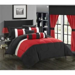 Chic Home CS1875-US 20 Piece Standon Complete Pieced Color Block Bedding; Sheets; Window Panel Collection King Bed In A Bag Comforter Set; Red Sheets