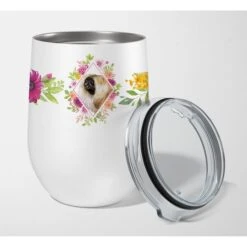 12 Oz Pekingese Pink Flowers Stainless Steel Stemless Wine Glass