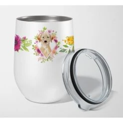 12 Oz Yellow Lab Pink Flowers Stainless Steel Stemless Wine Glass