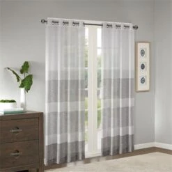 Madison Park MP40-4599 50 X 95 In. Hayden Woven Faux Linen Striped Window Sheer - Grey