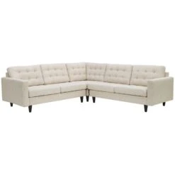 Empress Upholstered Fabric Sectional Sofa Set, Beige - 3 Piece