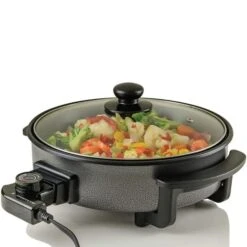 Ovente SK11112B 12 In. Electric Skillet With Nonstick Aluminum Coating Grill Pan & Glass Lid Cover; Black