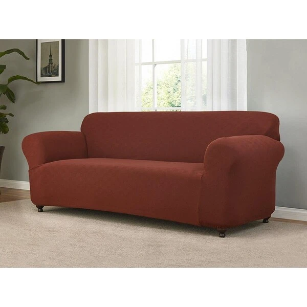 Stretch Checkerboard Sofa Slipcover, Burgundy 1 Stretch Checkerboard Sofa Slipcover, Burgundy
