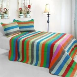Rainbow River - 3 Pieces Cotton Vermicelli-Quilted Printed Quilt Set Full & Queen Size - Multicolor