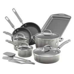 Rachael Ray 19019 Classic Brights Porcelain Nonstick 14 Piece Cookware Set With Bakeware & Tools; Sea Salt Gray