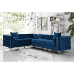 Posh Living Levi Velvet Tufted With Silver Nailhead Trim Metal Y-leg Left Facing Corner Sectional Sofa - Navy Blue
