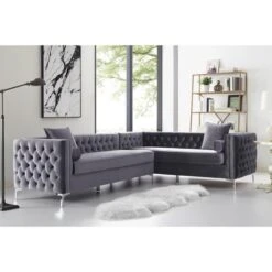 Levi Velvet Tufted With Silver Nailhead Trim Metal Y-leg Right Facing Corner Sectional Sofa - Grey