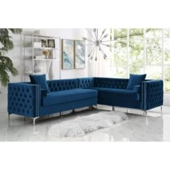 Levi Velvet Tufted With Silver Nailhead Trim Metal Y-leg Right Facing Corner Sectional Sofa - Navy