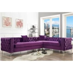 Posh Living Levi Velvet Tufted With Silver Nailhead Trim Metal Y-leg Right Facing Corner Sectional Sofa - Purple
