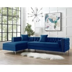 Posh Living Levi Velvet Tufted With Silver Nailhead Trim Metal Y-leg Left Facing Chaise Sectional Sofa - Navy