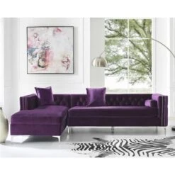 Posh Living Levi Velvet Tufted With Silver Nailhead Trim Metal Y-leg Left Facing Chaise Sectional Sofa - Purple