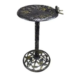 Oakland Living TWINBIRDS-BB-AS 34 In. Handmade Solid Heavy Tall Black & Gold Cast Aluminum High Quality Metal Bird Bath With Twin Singing Birds; Antique Silver