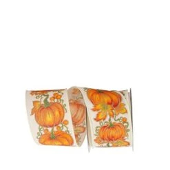 Reliant Ribbon 93026W-030-40F Pumpkin Row Linen Wired Edge Ribbon - White - 2.5 In. X 10 Yards