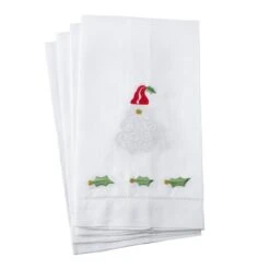 Embroidered Santa Claus Christmas Hemstitched Linen Cotton Guest Towel, White - Set Of 4