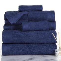 Lavish Home 67-0021-N Ribbed 100 Percent Cotton Towel Set; Navy - 10 Piece