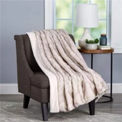Bedford Home 66A-35004 Throw-Luxurious Soft; Hypoallergenic Premium Fashion Wolf Fur Blanket With Faux Mink Back & Gift Box; 60 X 70 In. - Pearl White