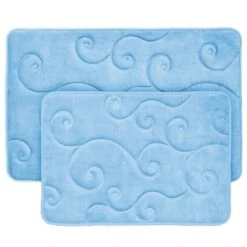2 Piece Memory Foam Bath Mat Set By Coral Fleece Embossed Pattern Blue