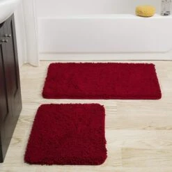 2 Piece Memory Foam Shag Bath Mat Set Burgundy