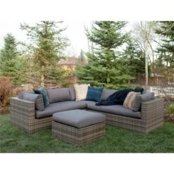 Walker Edison Furniture OR4SCGY 4-Piece Gray Multi-Shade Rattan Sectional With Cushions