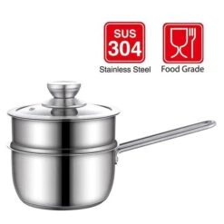 Boma HY-BM-138-NC 2 Qt. 3 Piece Stainless Steel 2-Tier Pasta; Steamer & Saucepan Set With Tempered Glass Lid & Double Handles