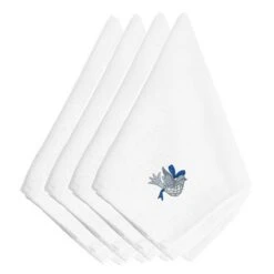Christmas Blue And Silver Dove Embroidered Napkins, Set Of 4