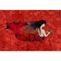 Black Haired Mermaid On Red Fabric Placemat