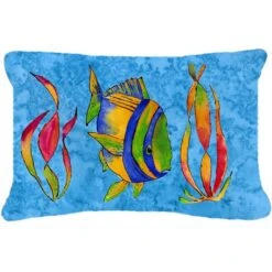 Troical Fish And Seaweed On Blue Canvas Fabric Decorative Pillow