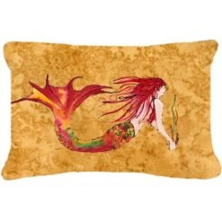 Carolines Treasures 8727PW1216 Ginger Red Headed Mermaid On Gold Canvas Fabric Decorative Pillow