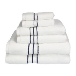 Superior 900GSM-H 6PC SET NB 900 Gsm Egyptian Cotton Towel Set - White With Navy Blue Border; 6 Pieces
