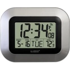 Atomic Digital Wall Clock With IN Temp And Date-Silver
