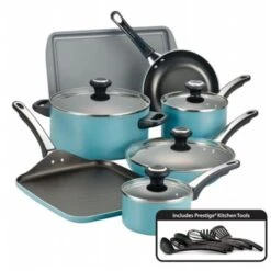 Farberware Aluminum 21926 Nonstick 17 Piece Cookware Set In Aqua