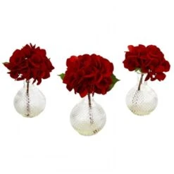 Red Hydrangea With Glass Vase - Set Of 3, 3PK