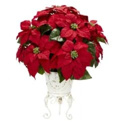 Poinsettia With Metal Planter Silk Flower Arrangement