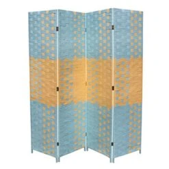 ORE International FW0676UC Beach Blue-Natural Paper Straw Weave 4 Panel Screen On 2 In. H Legs; Handcrafted