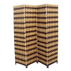 ORE International FW0676UG Brown - Natural Brown Paper Straw Weave 4 Panel Screen On 2 In. H Legs; Handcrafted