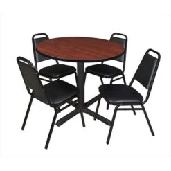 Regency TB36RNDCH29 36 In. Round Laminate Table; Cherry & Cain Base With 4 Black Restaurant Chairs