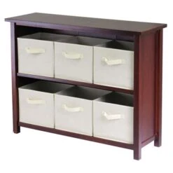 Verona 2 Section W Storage Shelf With 6 Foldable Fabric Baskets - Walnut And Beige