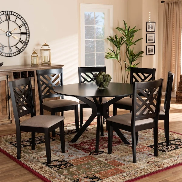 Baxton Studio Norah Sand Upholstered And Dark Brown Finished Wood 7-Piece Dining Set 2 Baxton Studio Norah Sand Upholstered And Dark Brown Finished Wood 7-Piece Dining Set - Image 2