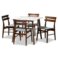 Baxton Studio Richmond Mid-Century Light Grey Fabric And Walnut Brown Finished Wood 5-PC Dining Set