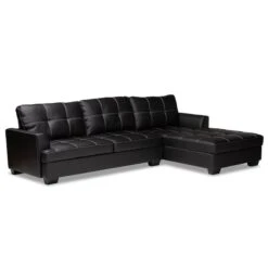 Baxton Studio Dobson Black Leather Sectional Sofa With White Stitching