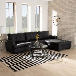 Baxton Studio Dobson Black Leather Sectional Sofa With White Stitching -Zoro Tools Shop Wholesale20Interiors20Inc 11327xx11328xx4
