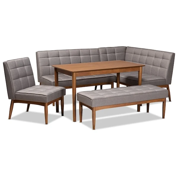 Baxton Studio Sanford Mid-Century Modern Grey Fabric And Walnut Brown Finished Wood 5-Piece Dining Nook Set 1 Baxton Studio Sanford Mid-Century Modern Grey Fabric And Walnut Brown Finished Wood 5-Piece Dining Nook Set
