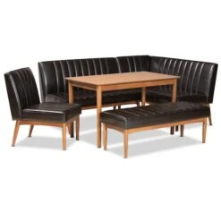 Baxton Studio Daymond Mid-Century Dark Brown Faux Leather And Walnut Brown Finished Wood 5-PC Dining Nook Set