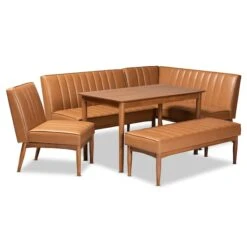 Baxton Studio Daymond Mid-Century Modern Tan Faux Leather And Walnut Brown Finished Wood 5-Piece Dining Nook Set