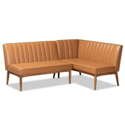 Baxton Studio Daymond Mid-Century Tan Faux Leather And Walnut Brown Finished Wood 2-PC Dining Nook Banquette Set