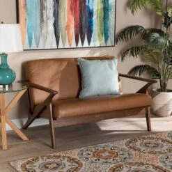 Baxton Studio Bianca Mid-Century Modern Walnut Brown Finished Wood And Tan Faux Leather Effect Loveseat -Zoro Tools Shop Wholesale20Interiors20Inc 11393xx7xx6f48de 1