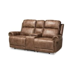 Baxton Studio Buckley Modern And Contemporary Light Brown Faux Leather 2-Seater Reclining Loveseat With Console